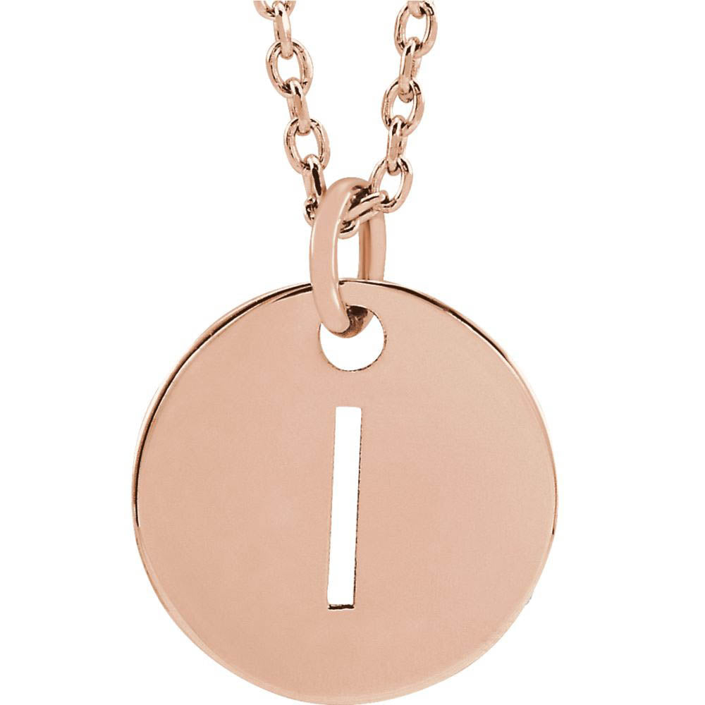 14k Rose Gold Initial I, Small 10mm Pierced Disc Necklace, 16-18 Inch, Item N18189-I by The Black Bow Jewelry Co.