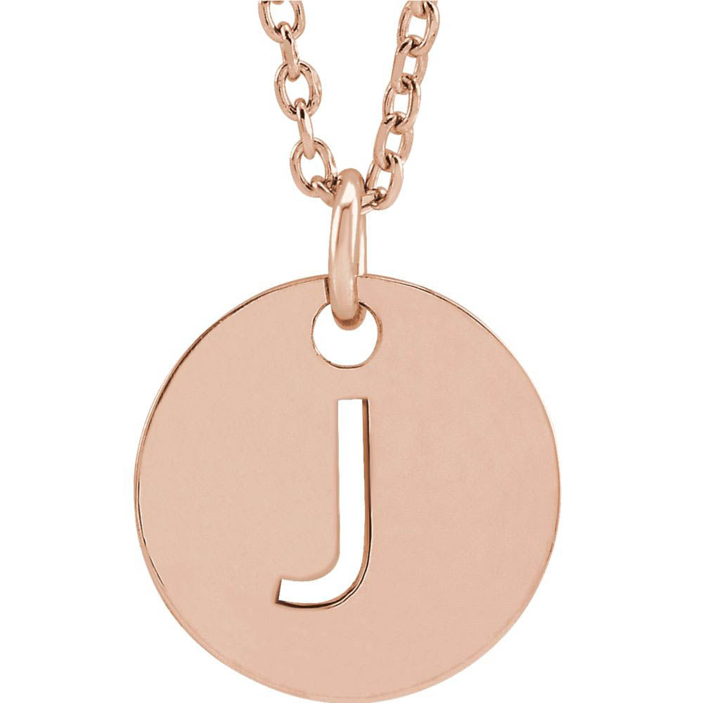14k Rose Gold Initial J, Small 10mm Pierced Disc Necklace, 16-18 Inch, Item N18189-J by The Black Bow Jewelry Co.