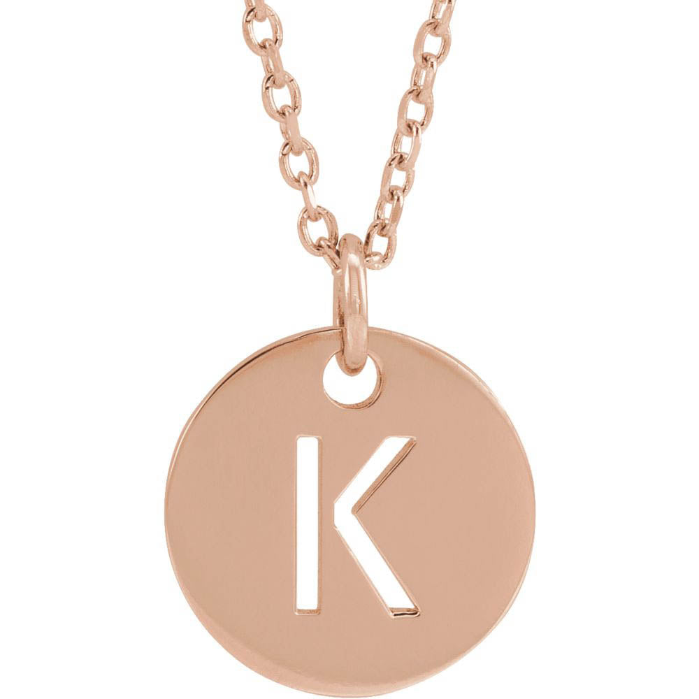 14k Rose Gold Initial K, Small 10mm Pierced Disc Necklace, 16-18 Inch, Item N18189-K by The Black Bow Jewelry Co.