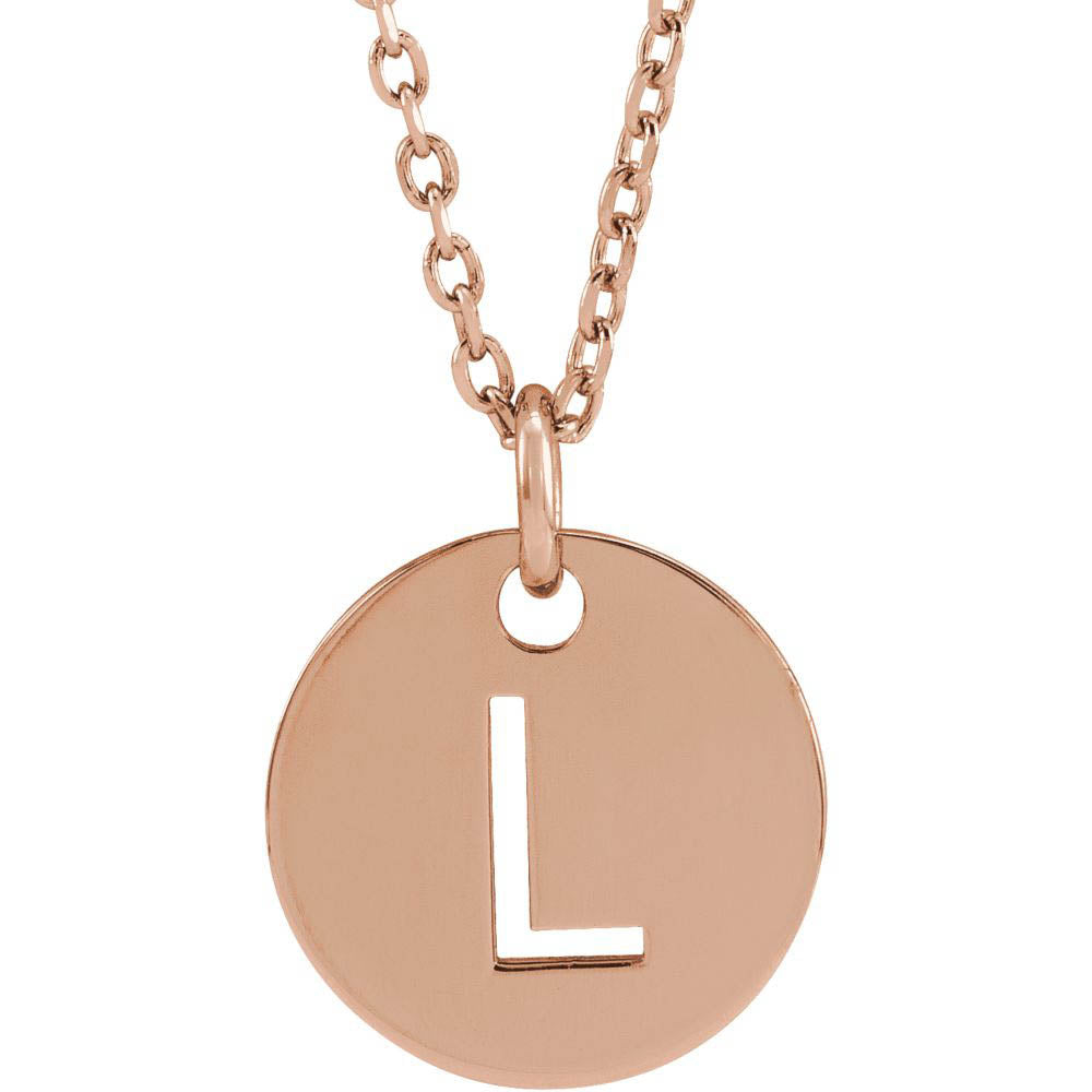 14k Rose Gold Initial L, Small 10mm Pierced Disc Necklace, 16-18 Inch, Item N18189-L by The Black Bow Jewelry Co.