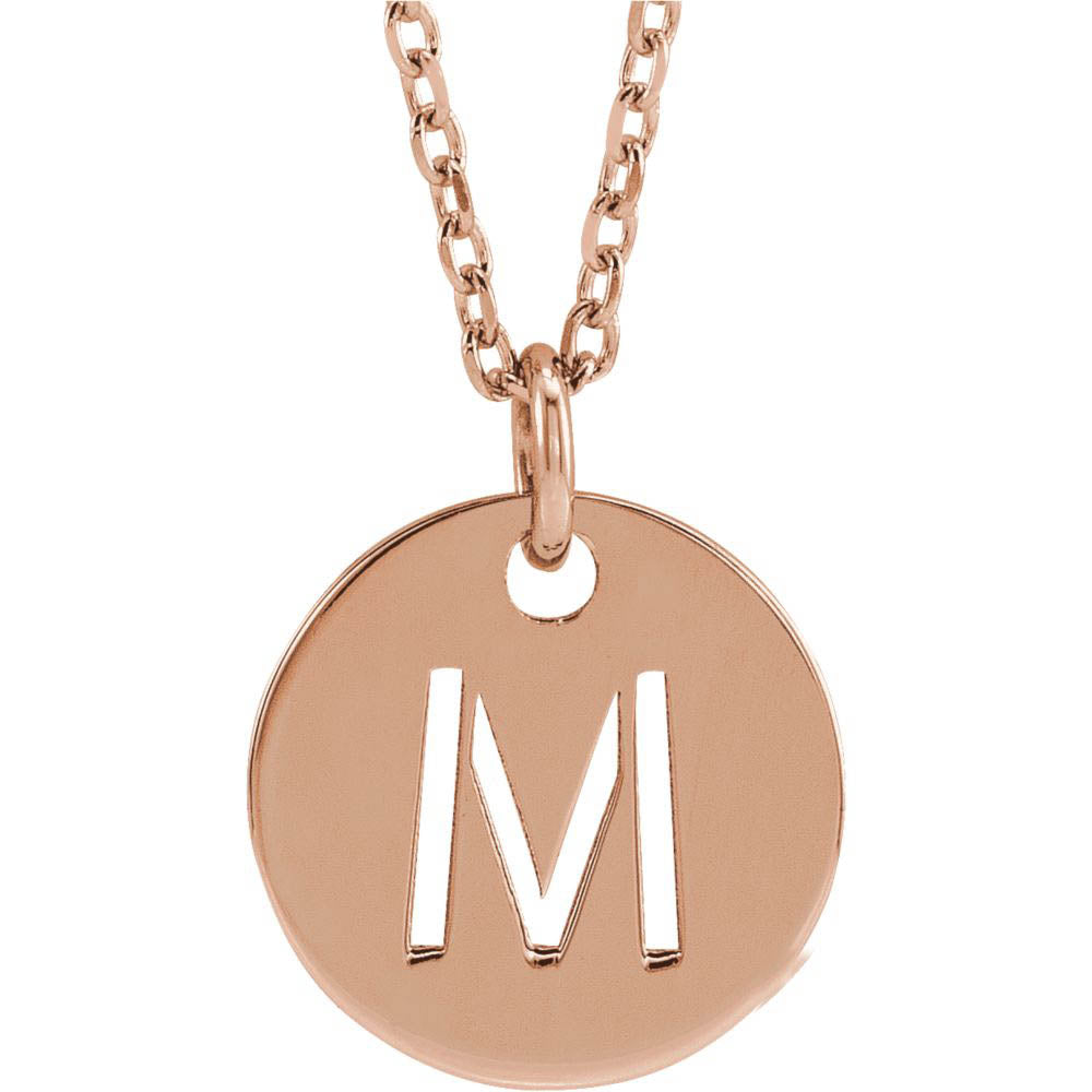 14k Rose Gold Initial M, Small 10mm Pierced Disc Necklace, 16-18 Inch, Item N18189-M by The Black Bow Jewelry Co.