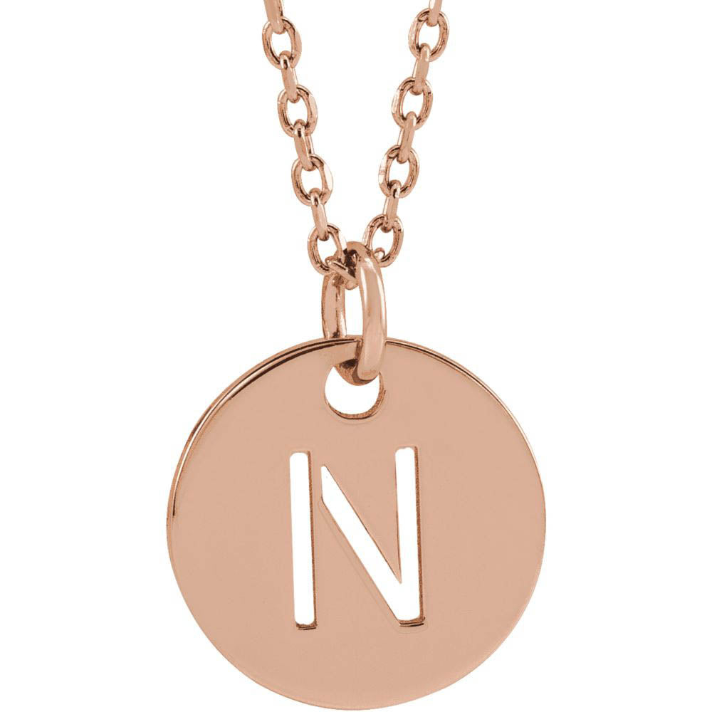 14k Rose Gold Initial N, Small 10mm Pierced Disc Necklace, 16-18 Inch, Item N18189-N by The Black Bow Jewelry Co.