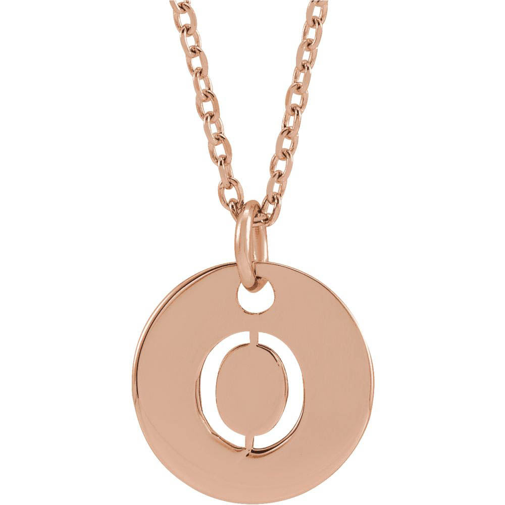 14k Rose Gold Initial O, Small 10mm Pierced Disc Necklace, 16-18 Inch, Item N18189-O by The Black Bow Jewelry Co.