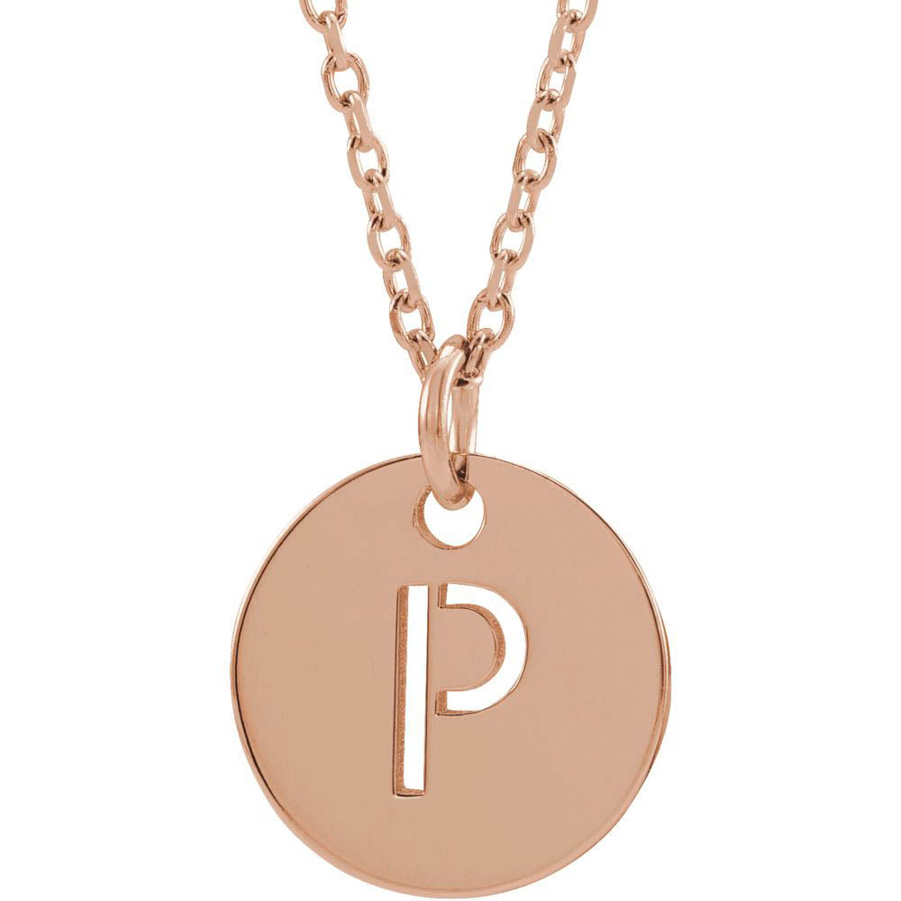 14k Rose Gold Initial P, Small 10mm Pierced Disc Necklace, 16-18 Inch, Item N18189-P by The Black Bow Jewelry Co.