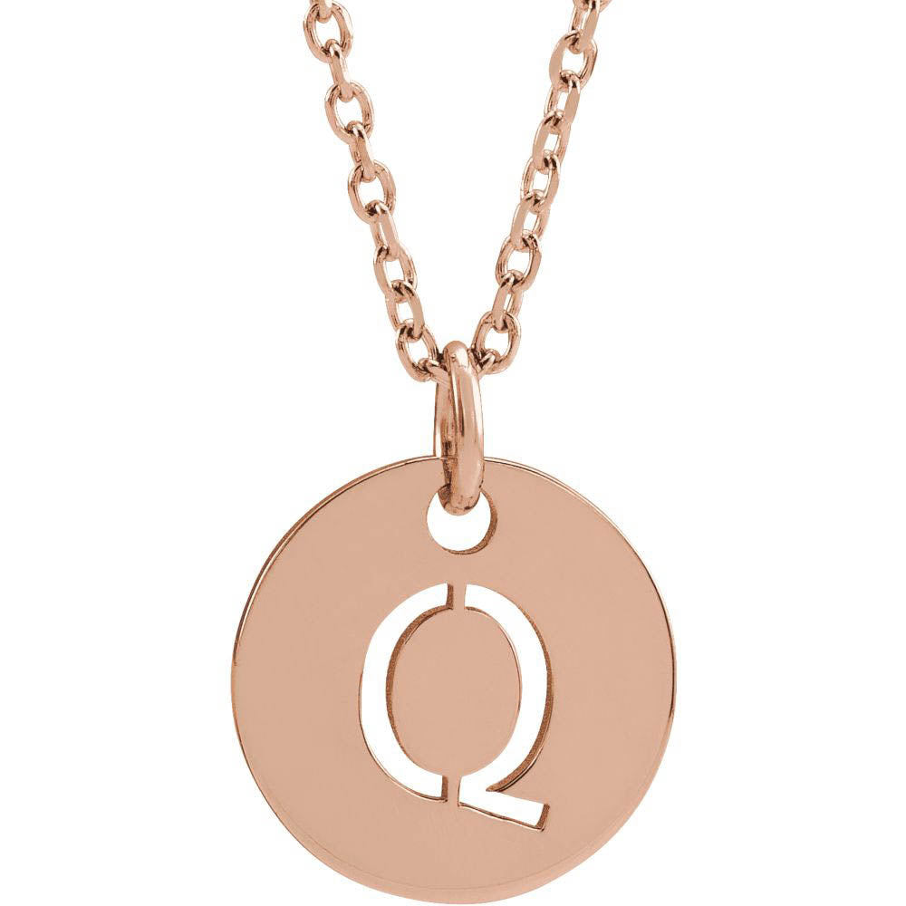 14k Rose Gold Initial Q, Small 10mm Pierced Disc Necklace, 16-18 Inch, Item N18189-Q by The Black Bow Jewelry Co.