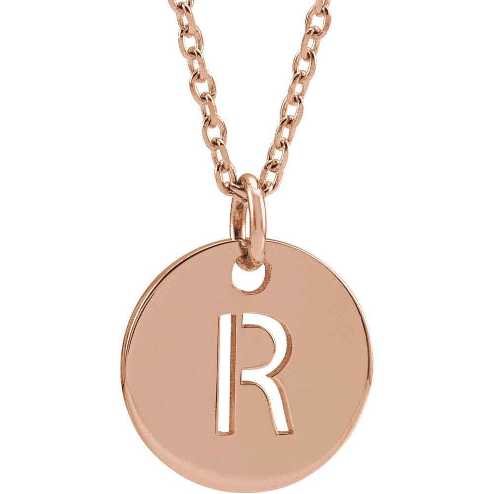 14k Rose Gold Initial R, Small 10mm Pierced Disc Necklace, 16-18 Inch, Item N18189-R by The Black Bow Jewelry Co.
