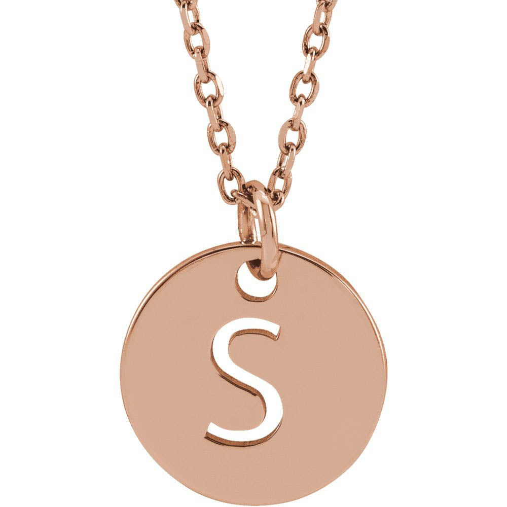 14k Rose Gold Initial S, Small 10mm Pierced Disc Necklace, 16-18 Inch, Item N18189-S by The Black Bow Jewelry Co.