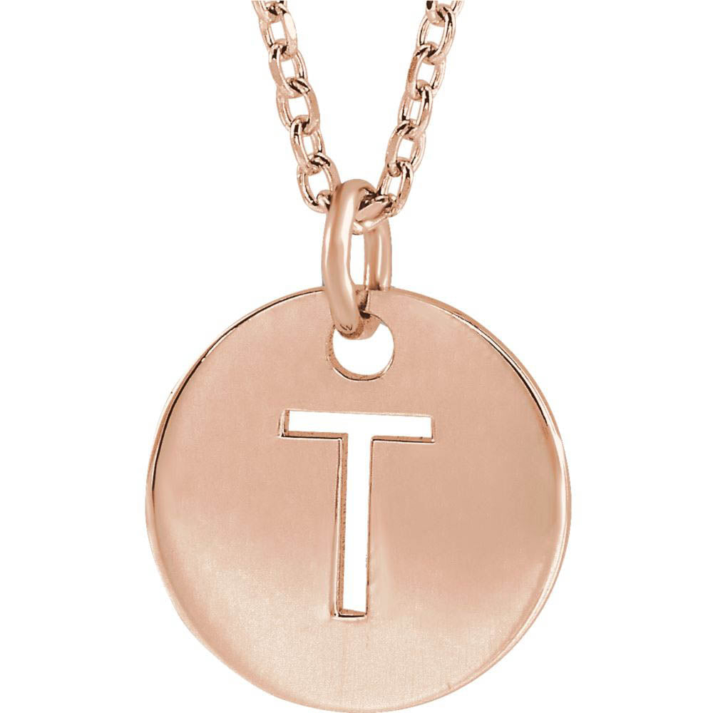 14k Rose Gold Initial T, Small 10mm Pierced Disc Necklace, 16-18 Inch, Item N18189-T by The Black Bow Jewelry Co.