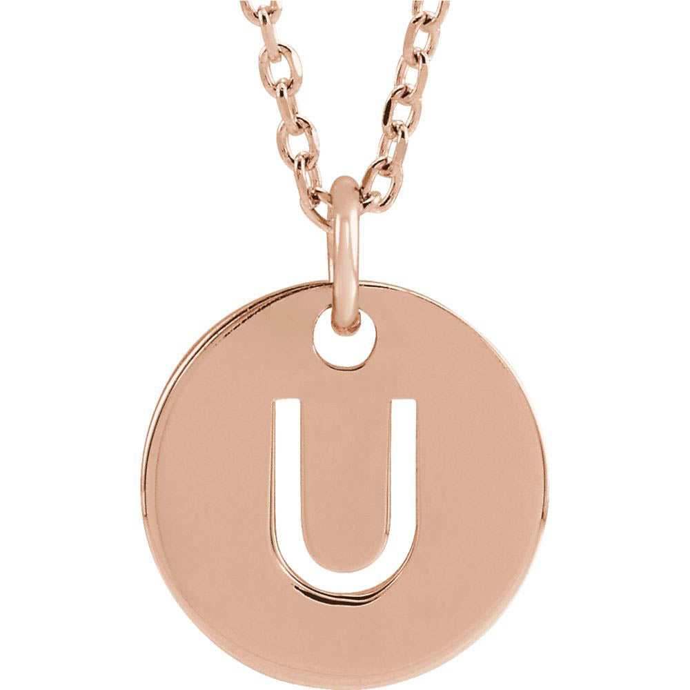 14k Rose Gold Initial U, Small 10mm Pierced Disc Necklace, 16-18 Inch, Item N18189-U by The Black Bow Jewelry Co.
