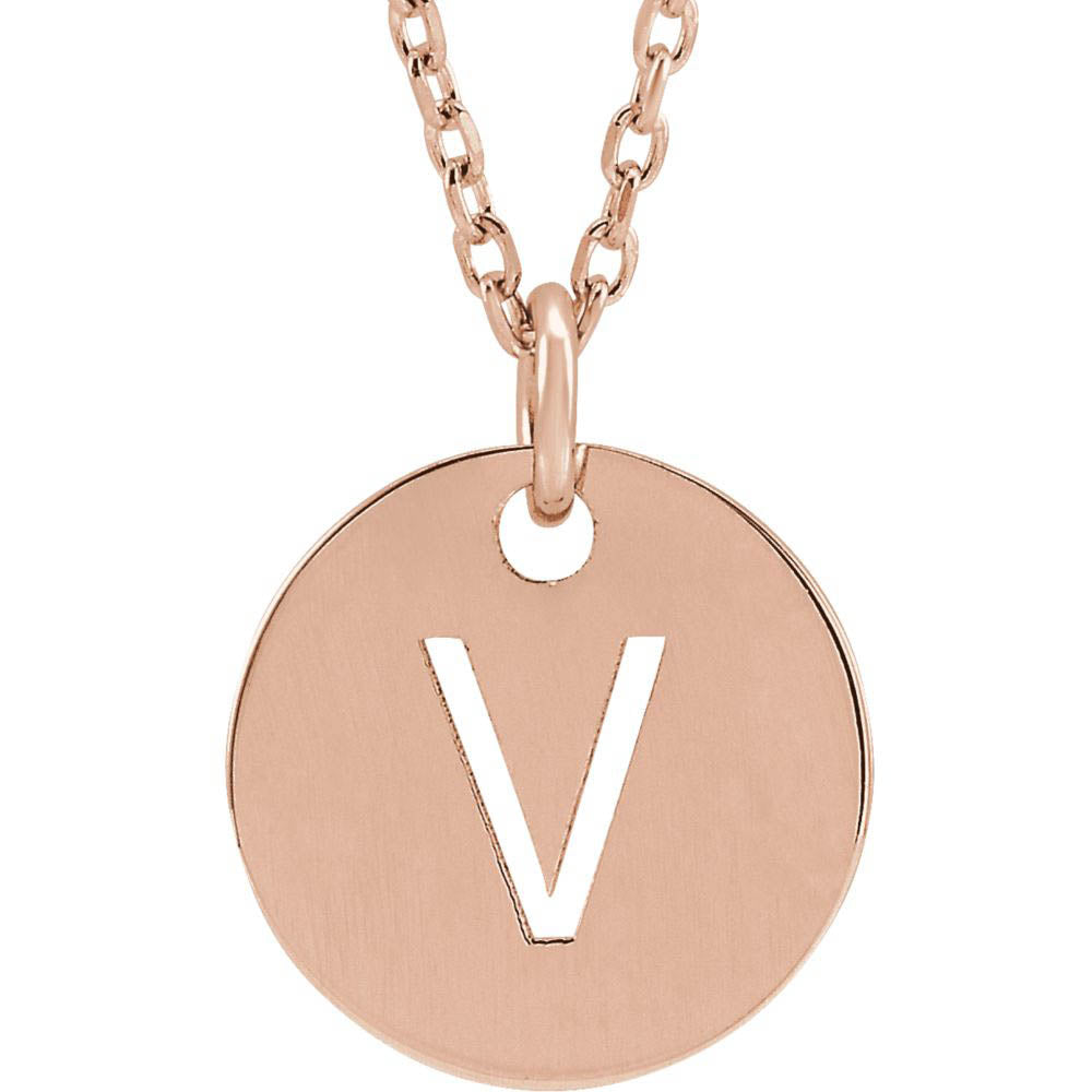 14k Rose Gold Initial V, Small 10mm Pierced Disc Necklace, 16-18 Inch, Item N18189-V by The Black Bow Jewelry Co.