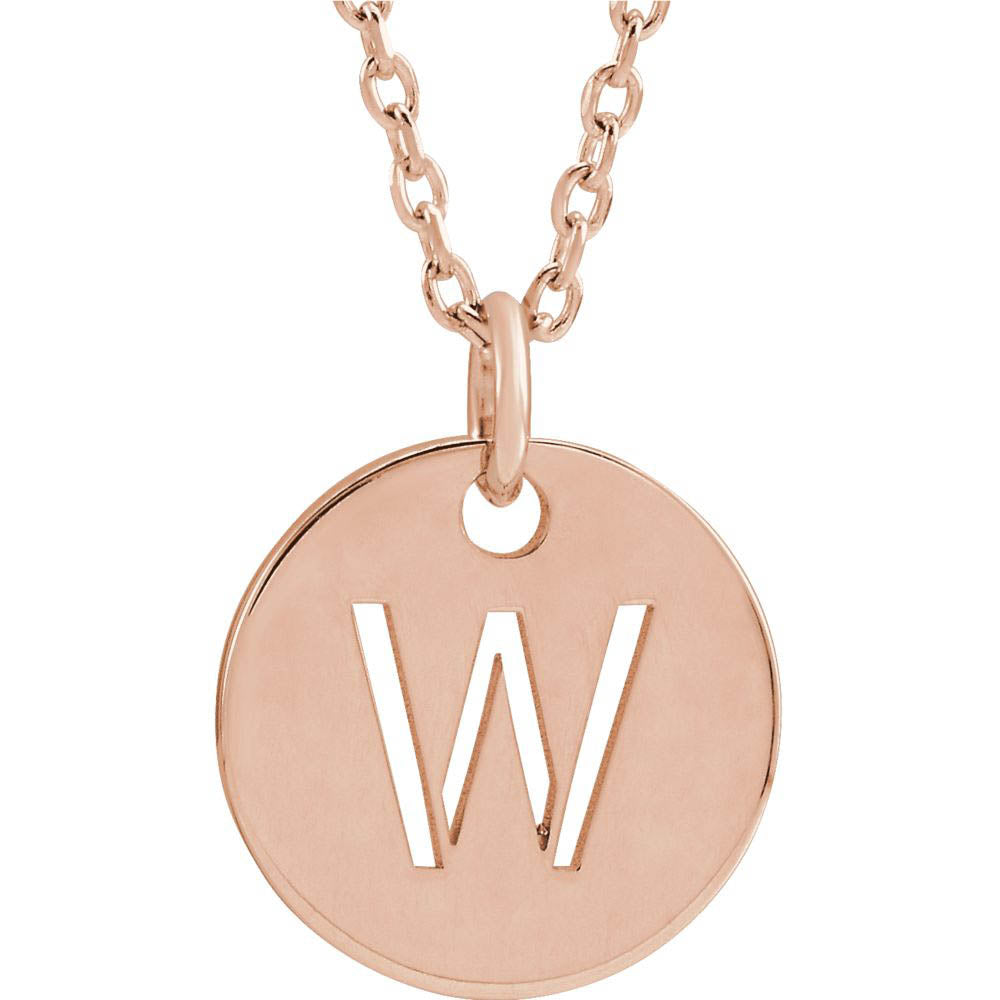 14k Rose Gold Initial W, Small 10mm Pierced Disc Necklace, 16-18 Inch, Item N18189-W by The Black Bow Jewelry Co.