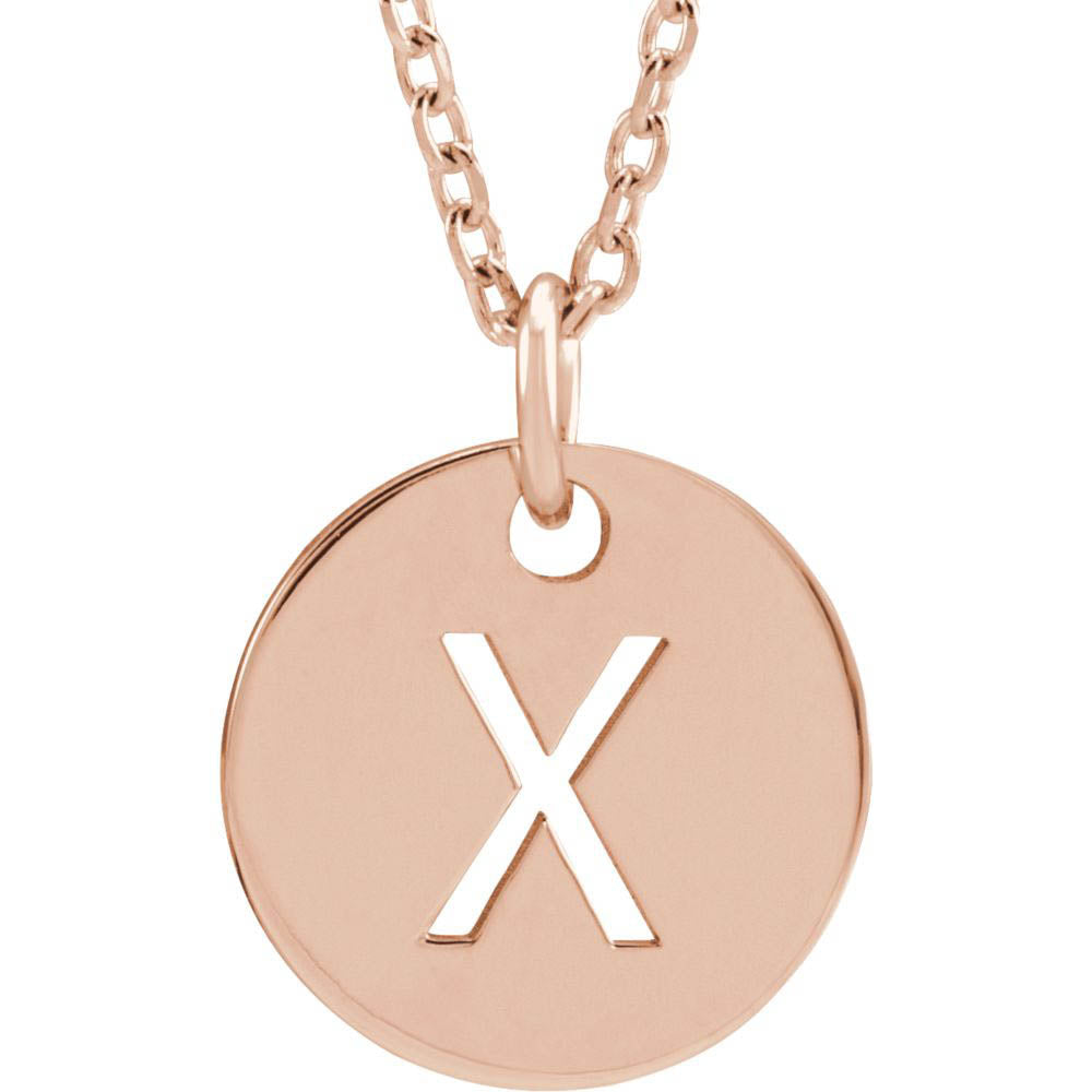 14k Rose Gold Initial X, Small 10mm Pierced Disc Necklace, 16-18 Inch, Item N18189-X by The Black Bow Jewelry Co.