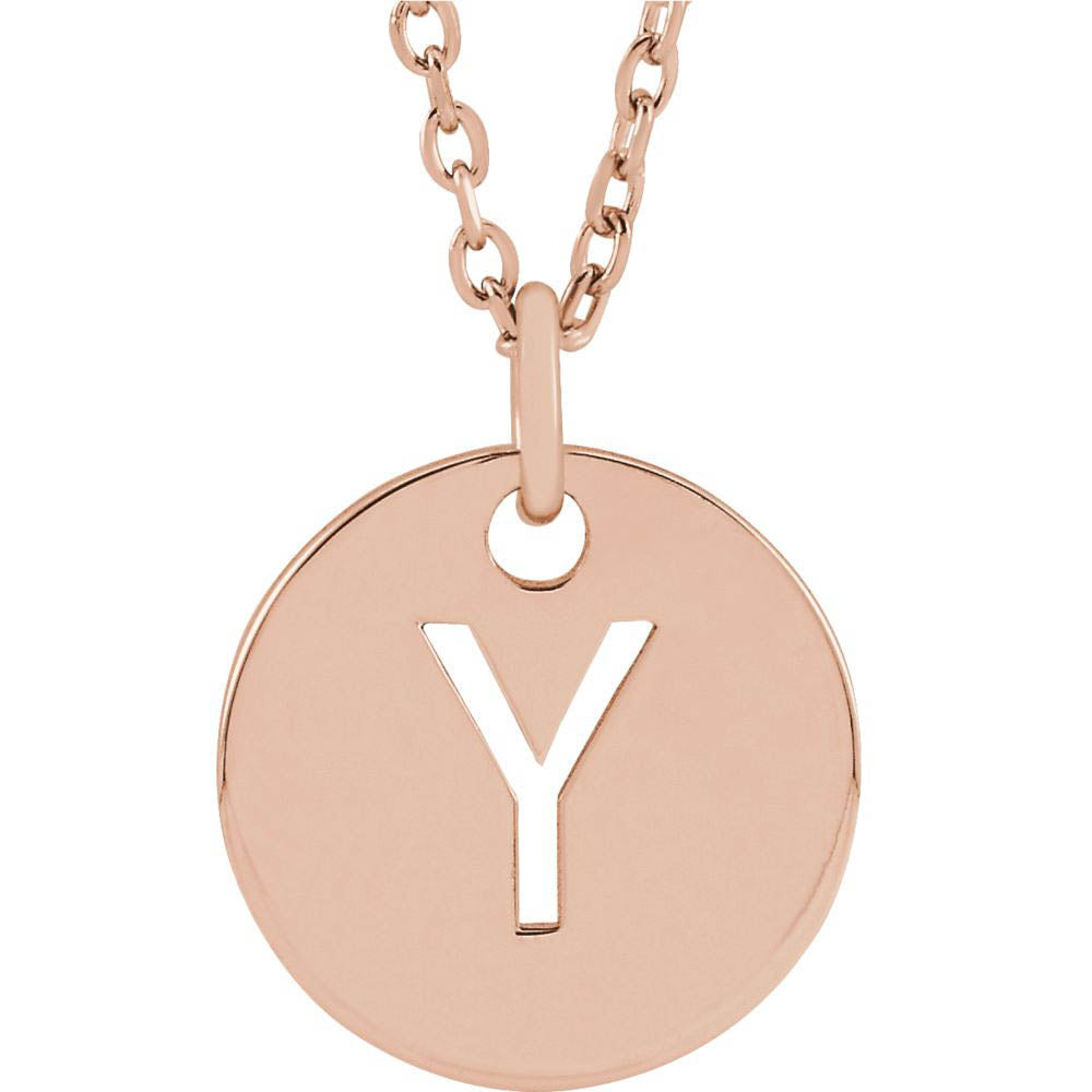 14k Rose Gold Initial Y, Small 10mm Pierced Disc Necklace, 16-18 Inch, Item N18189-Y by The Black Bow Jewelry Co.