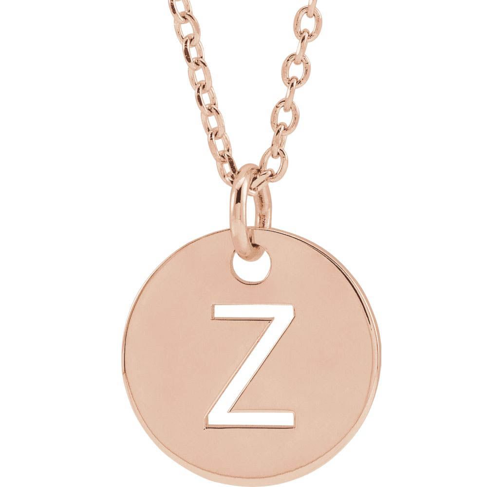 14k Rose Gold Initial Z, Small 10mm Pierced Disc Necklace, 16-18 Inch, Item N18189-Z by The Black Bow Jewelry Co.