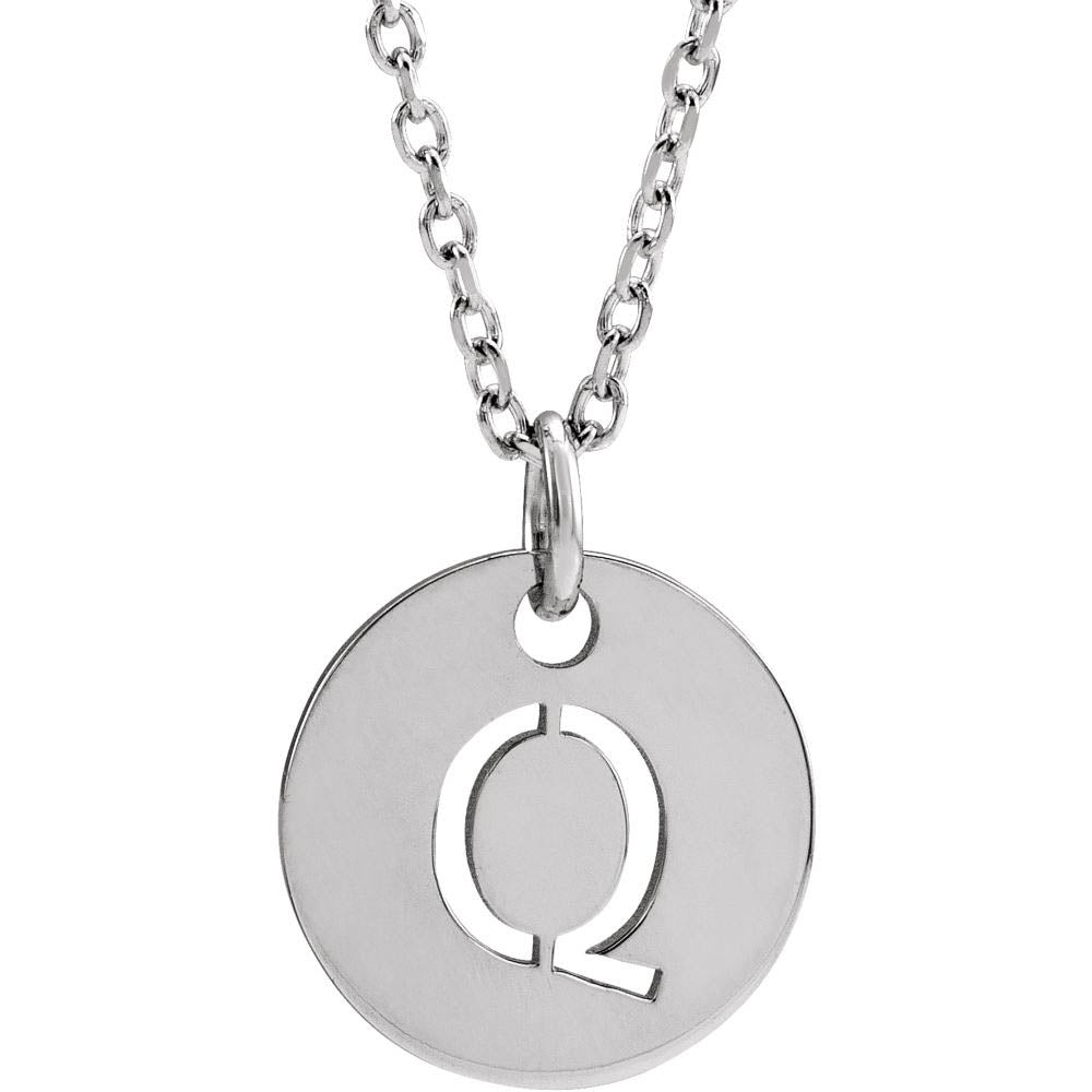 Sterling Silver Initial Q, Small 10mm Pierced Disc Necklace, 16-18 In., Item N18190-Q by The Black Bow Jewelry Co.