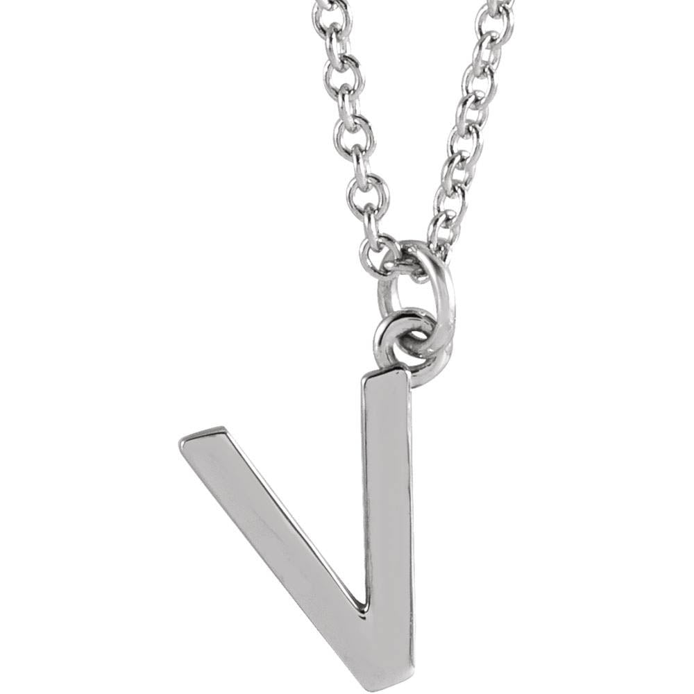 14k White Gold 9.5mm Small Block Initial V Necklace, 16 Inch, Item N18191-V by The Black Bow Jewelry Co.