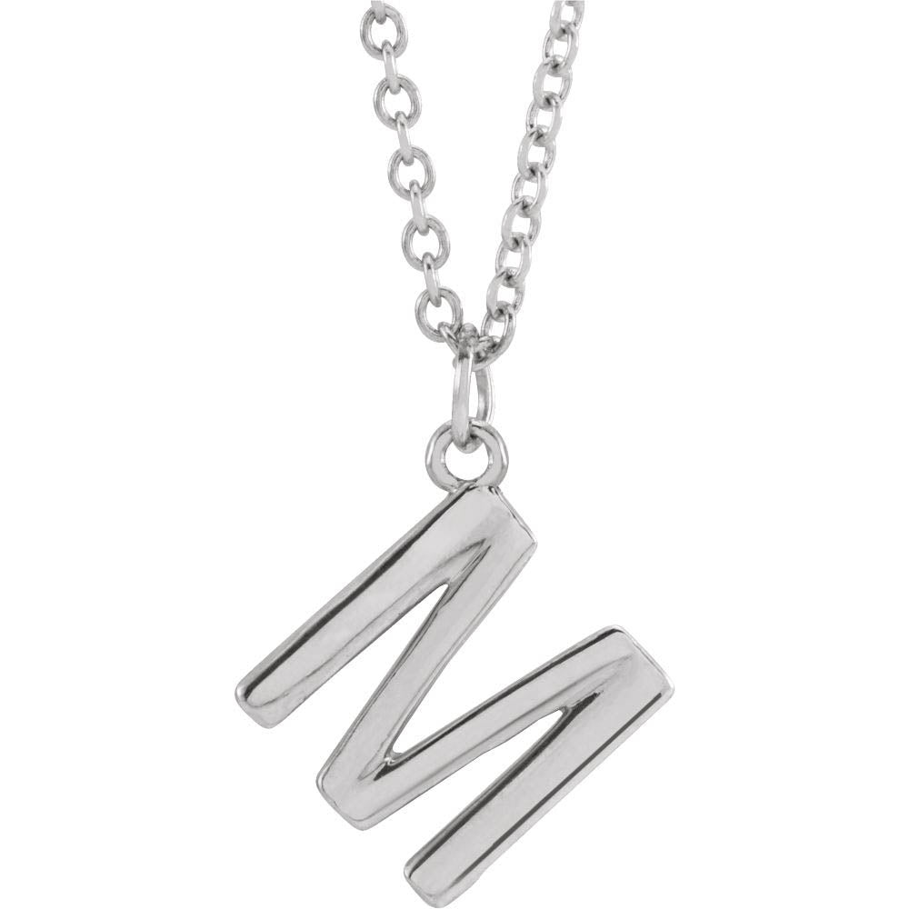 14k White Gold 9.5mm Small Block Initial M Necklace, 18 Inch, Item N18192-M by The Black Bow Jewelry Co.