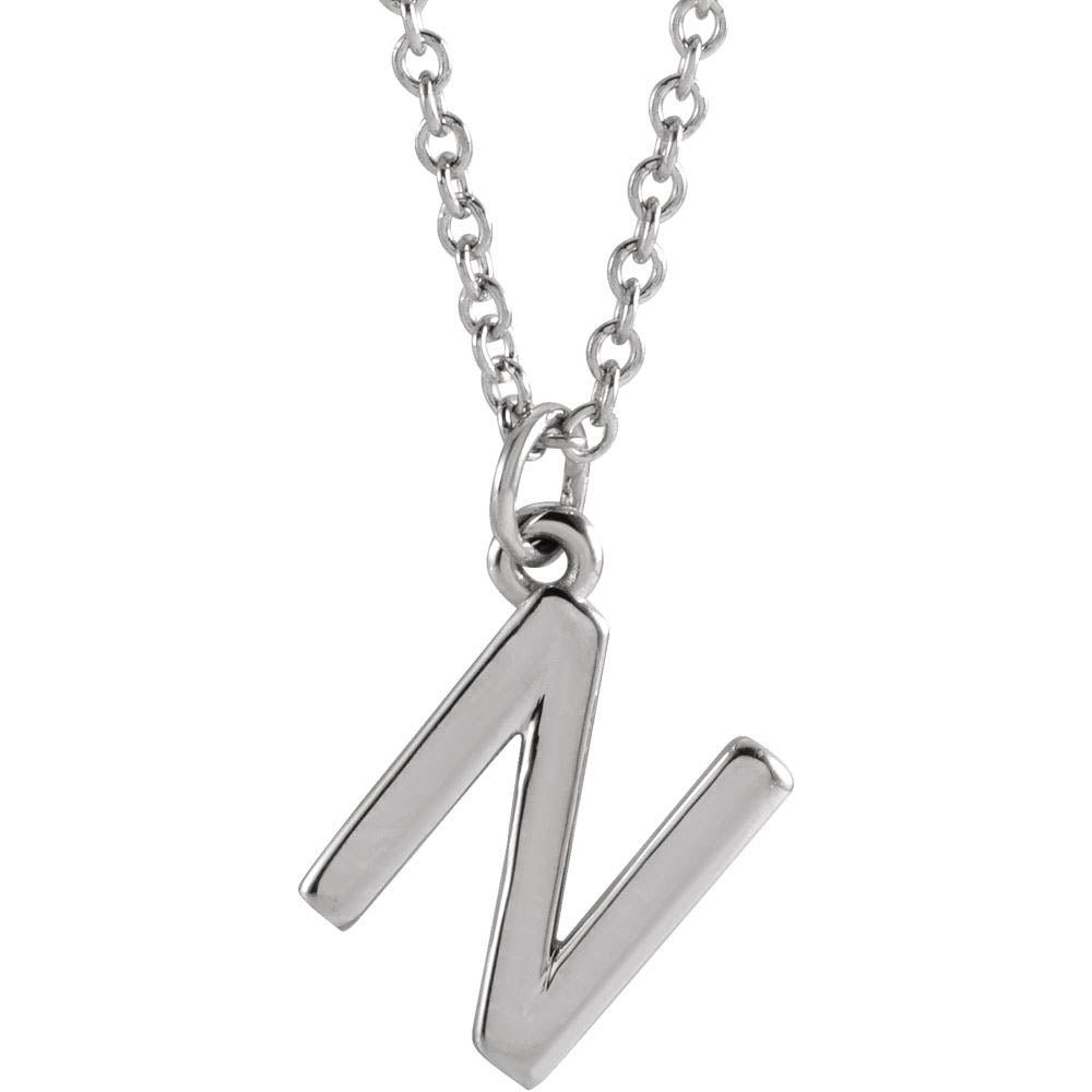 14k White Gold 9.5mm Small Block Initial N Necklace, 18 Inch, Item N18192-N by The Black Bow Jewelry Co.