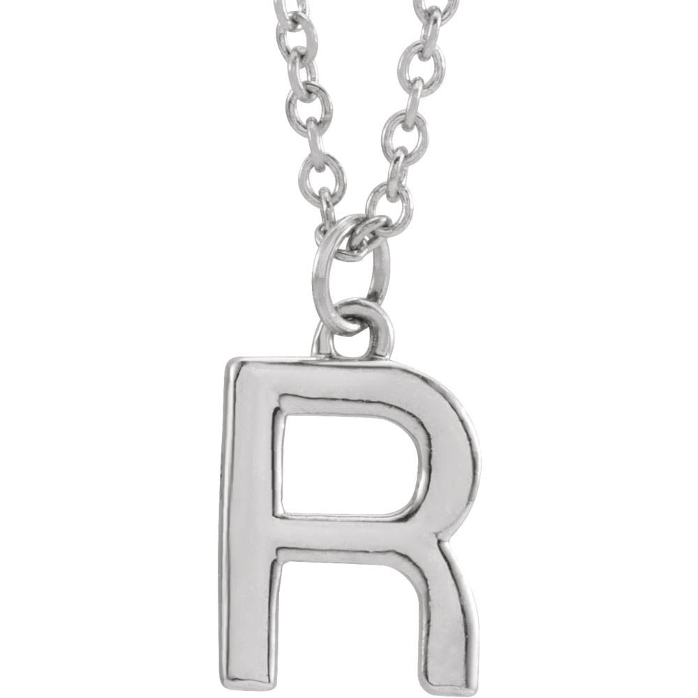 Platinum 9.5mm Small Block Initial R Necklace, 16 Inch, Item N18195-R by The Black Bow Jewelry Co.