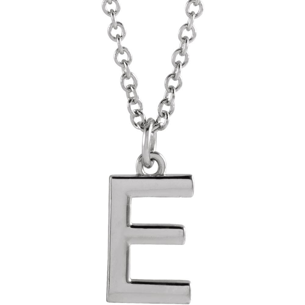 Platinum 9.5mm Small Block Initial E Necklace, 18 Inch, Item N18196-E by The Black Bow Jewelry Co.