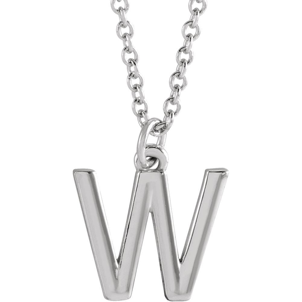 Platinum 9.5mm Small Block Initial W Necklace, 18 Inch, Item N18196-W by The Black Bow Jewelry Co.