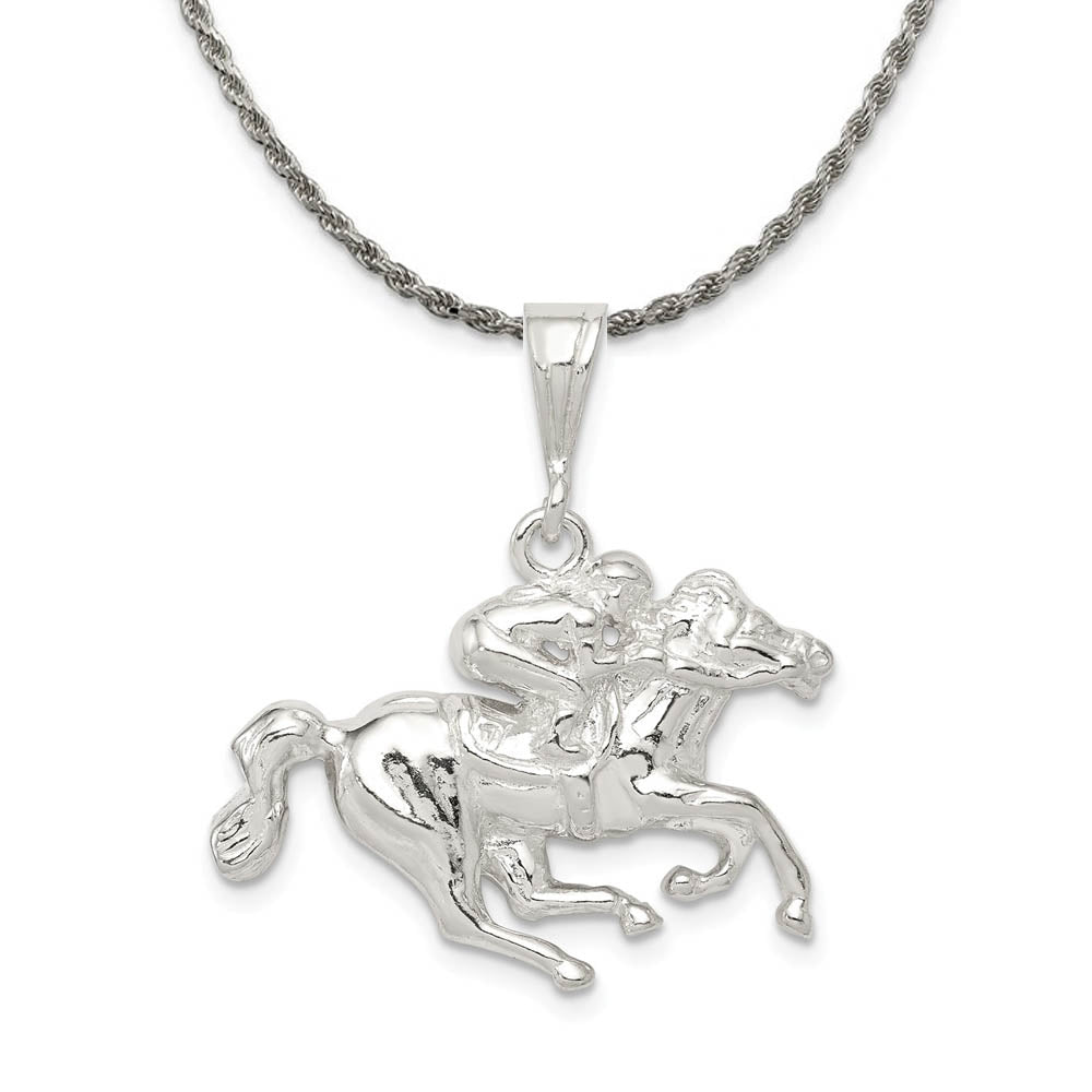 Sterling Silver Race Horse and Jockey Pendant Necklace, Item N18203 by The Black Bow Jewelry Co.