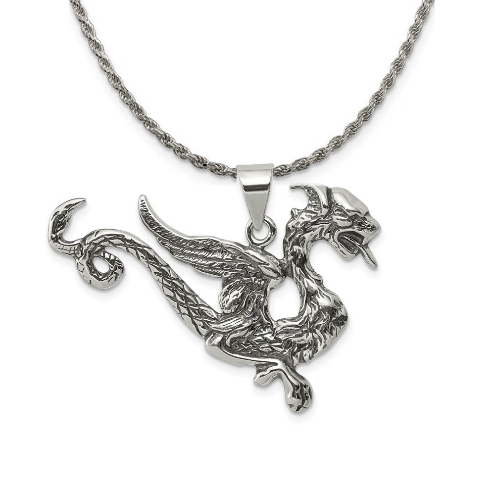 Sterling Silver Large 37mm Antiqued Dragon Pendant Necklace, Item N18208 by The Black Bow Jewelry Co.