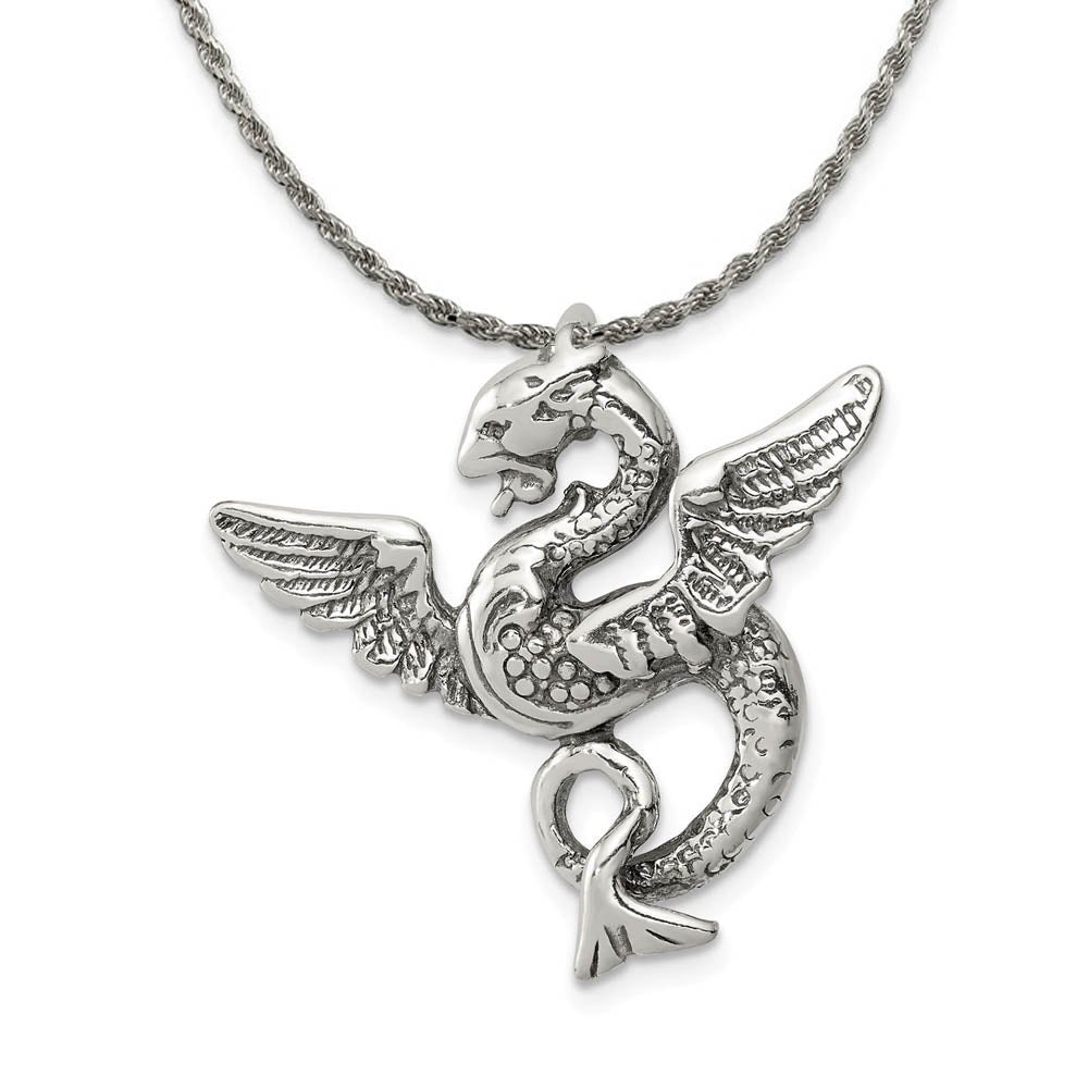 Sterling Silver 26mm Antiqued Dragon Slide Pendant Necklace, Item N18209 by The Black Bow Jewelry Co.