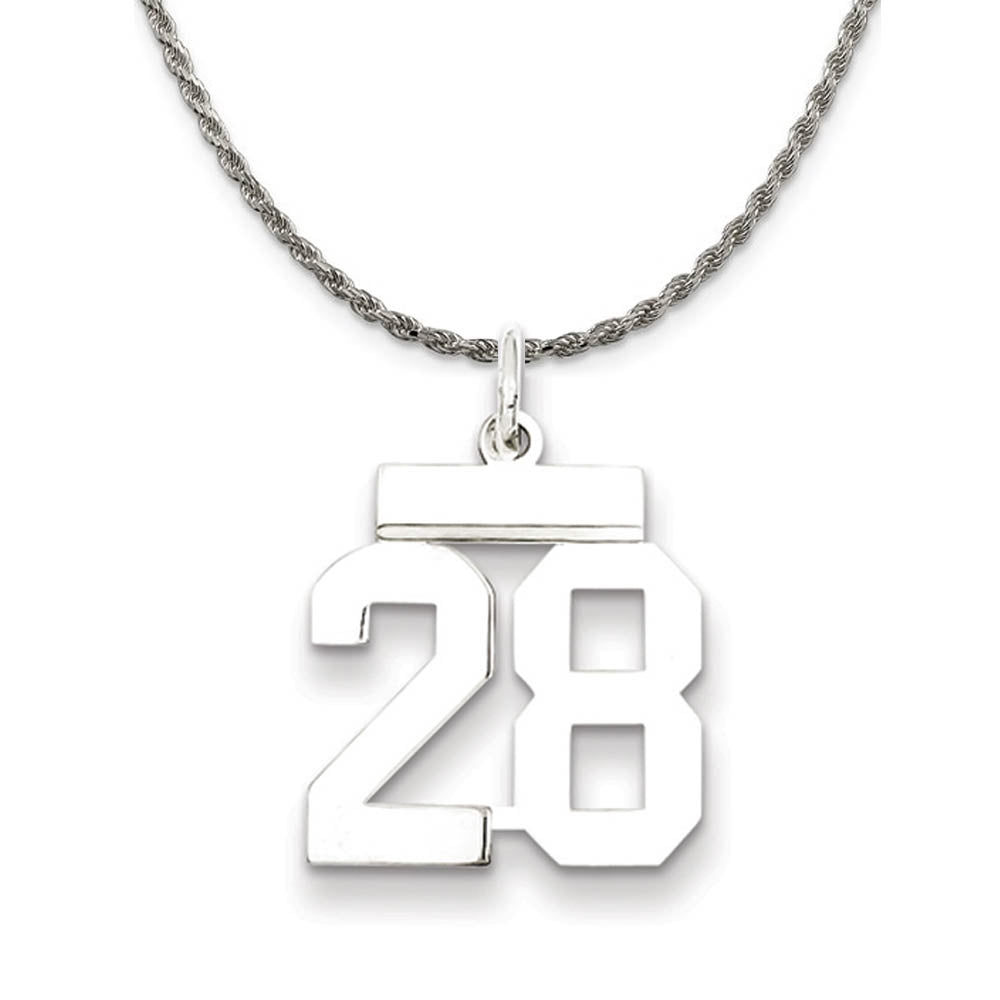 Sterling Silver Athletic Lg Polished Number 28 Necklace, Item N18245 by The Black Bow Jewelry Co.