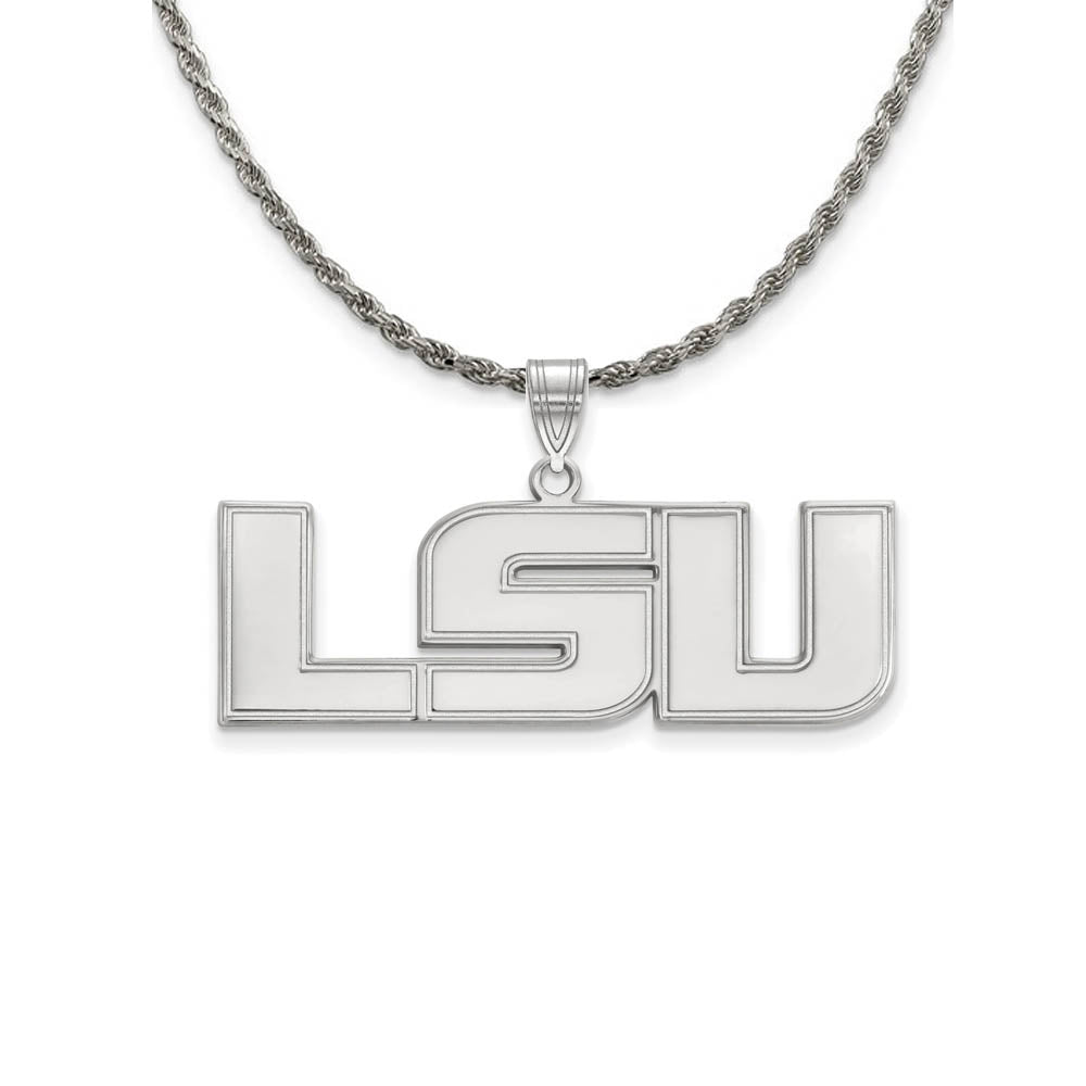 Sterling Silver Louisiana State Lg 'LSU' Pendant Necklace, Item N18518 by The Black Bow Jewelry Co.