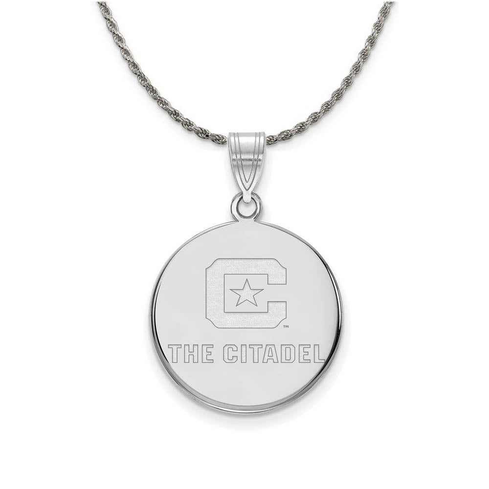 Rhodium Plated Sterling Silver The Citadel LG Logo Disc Necklace, Item N18538 by The Black Bow Jewelry Co.