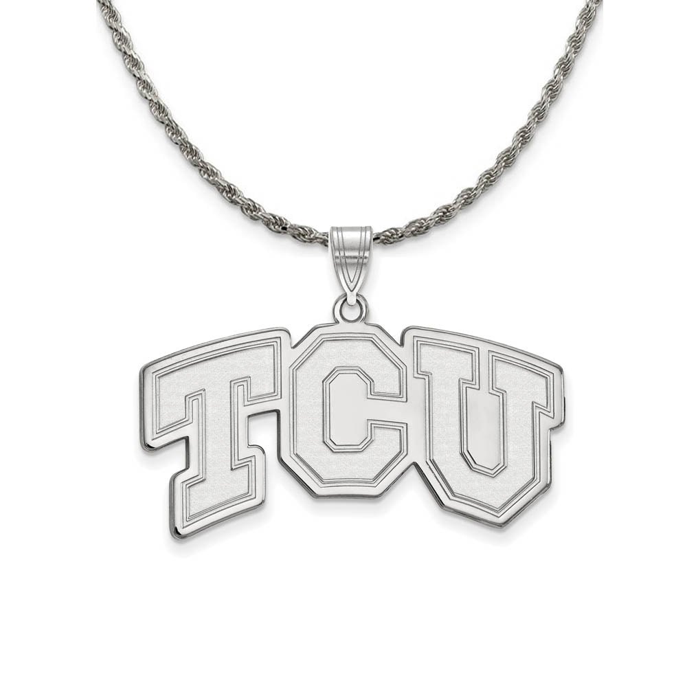 Sterling Silver Texas Christian U. Large 'TCU' Necklace, Item N18539 by The Black Bow Jewelry Co.