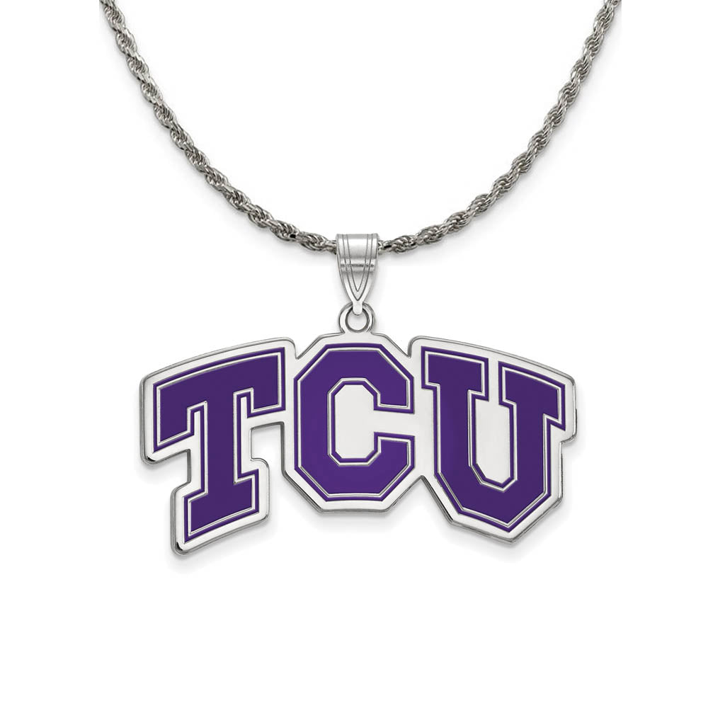 Sterling Silver Texas Christian U. Large 'TCU' Enamel Necklace, Item N18639 by The Black Bow Jewelry Co.