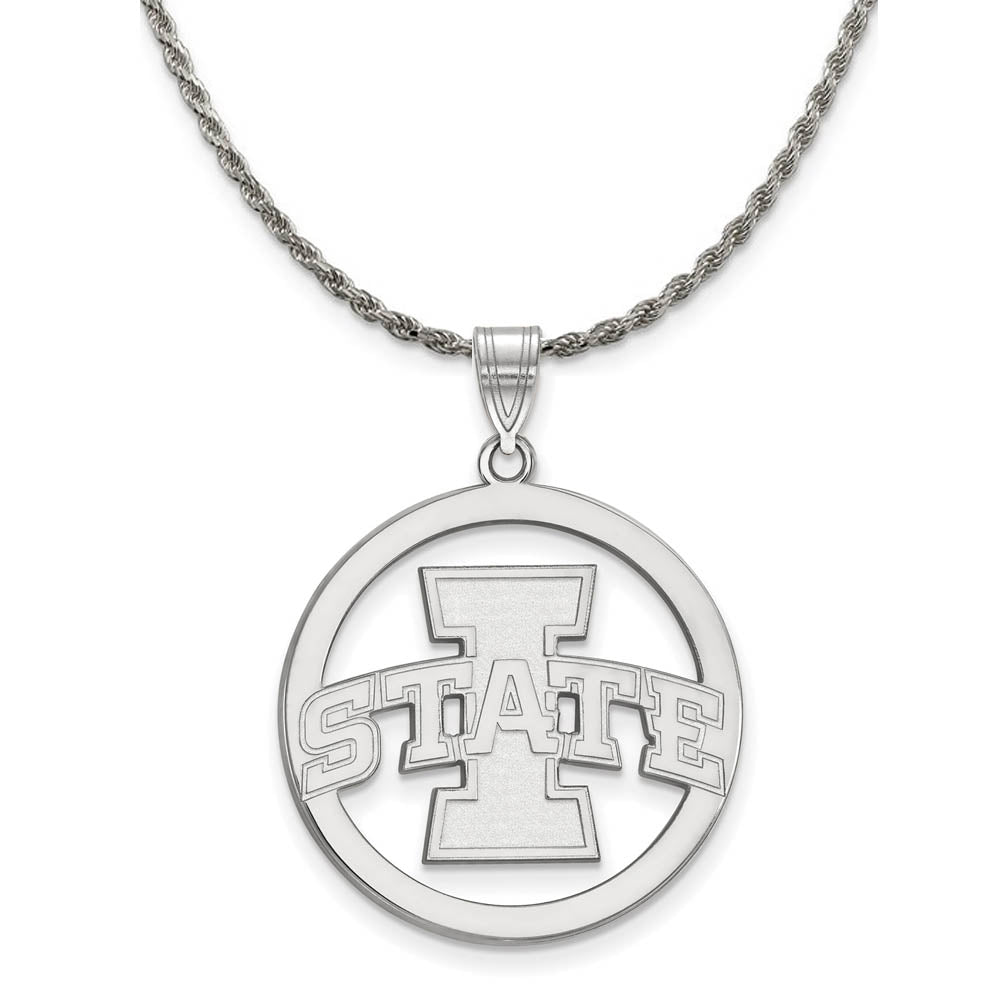 Sterling Silver Iowa State Large Circle Pendant Necklace, Item N18641 by The Black Bow Jewelry Co.