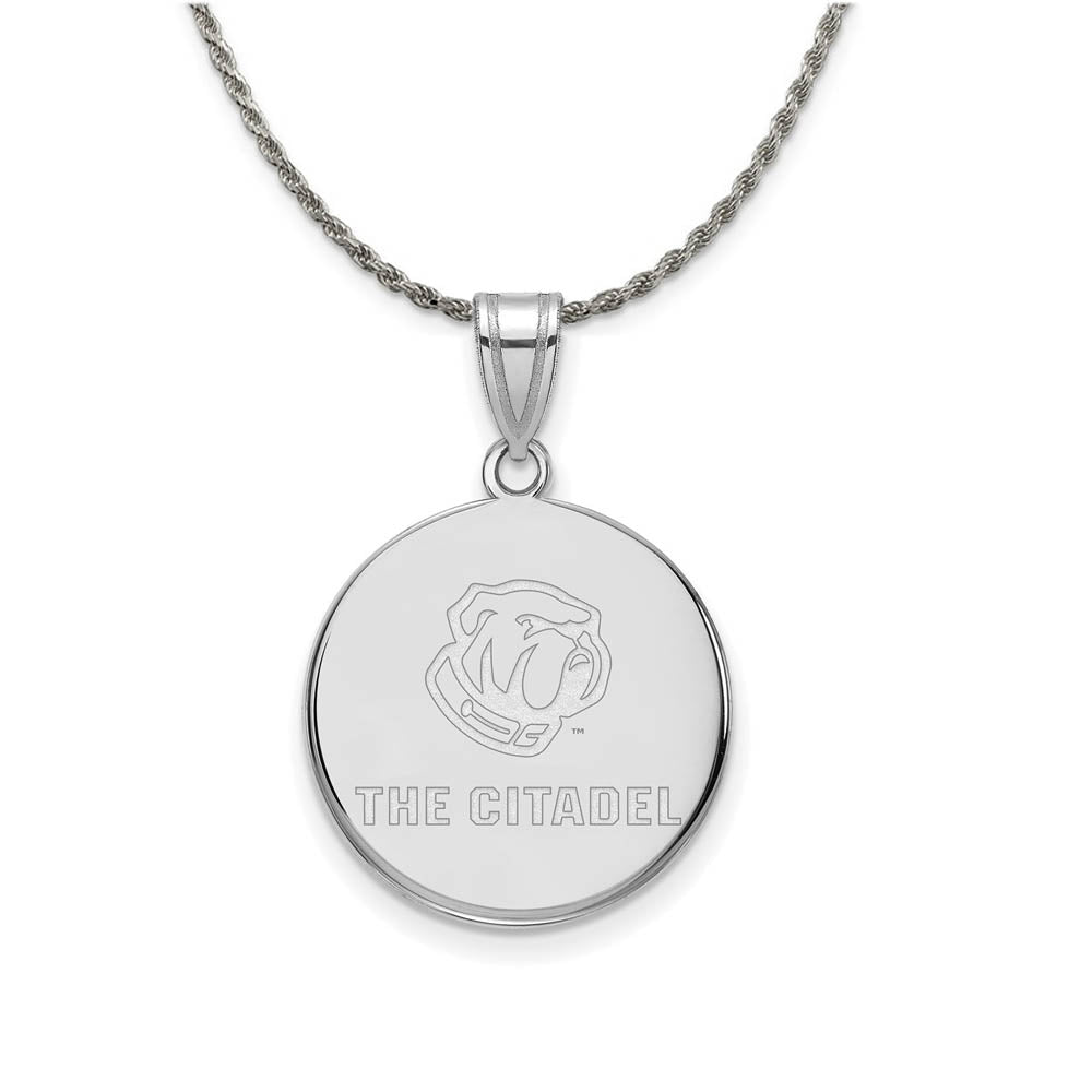 Rhodium Plated Sterling Silver The Citadel LG Bulldogs Disc Necklace, Item N18695 by The Black Bow Jewelry Co.