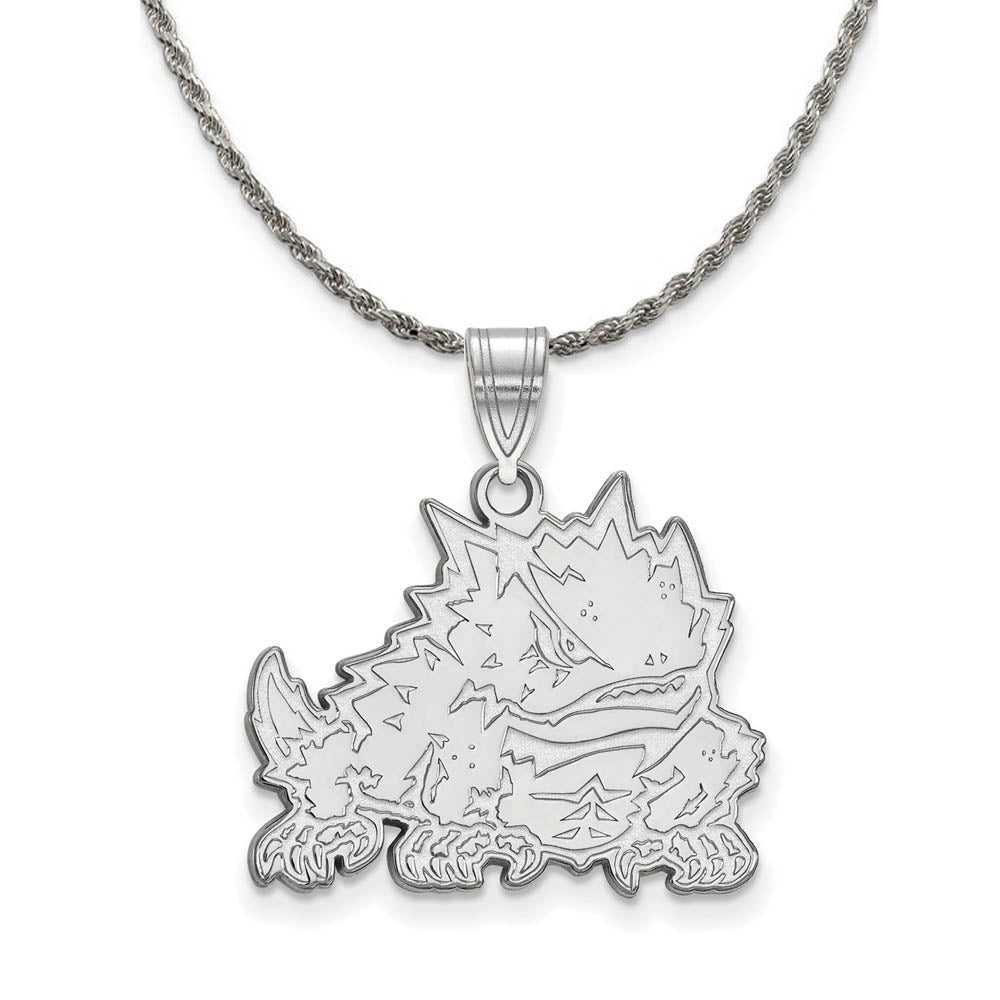 Sterling Silver Texas Christian U. Large Logo Necklace, Item N18696 by The Black Bow Jewelry Co.