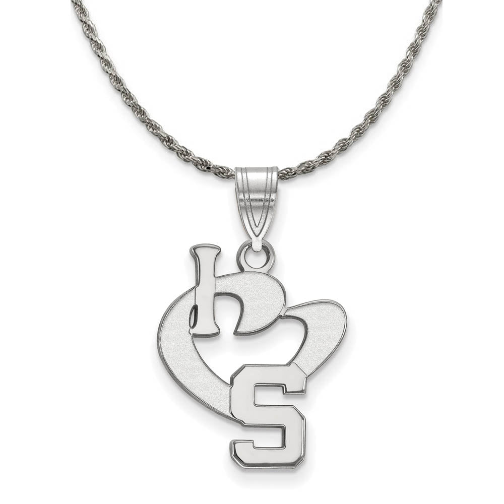 Sterling Silver Michigan State Large I Love Logo Necklace, Item N18709 by The Black Bow Jewelry Co.
