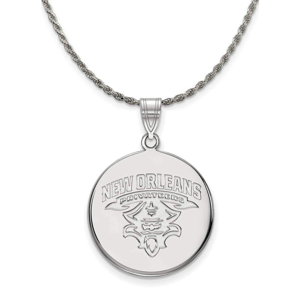 Sterling Silver U. of New Orleans Large Disc Pendant Necklace, Item N18743 by The Black Bow Jewelry Co.