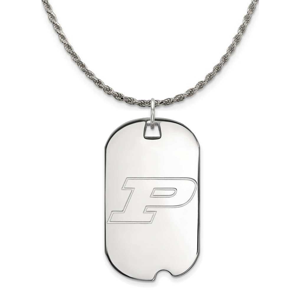Sterling Silver Purdue Large Initial P Dog Tag Necklace, Item N18758 by The Black Bow Jewelry Co.