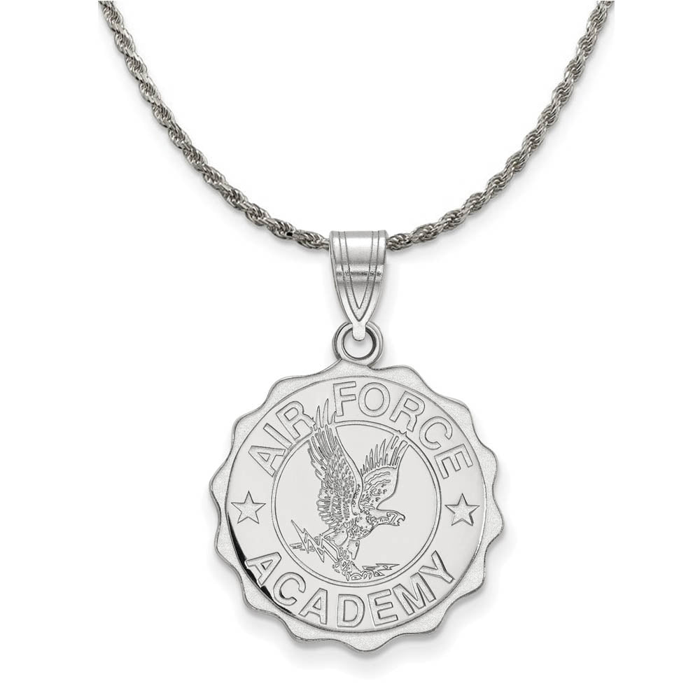 Sterling Silver Air Force Academy Large Crest Disc Necklace, Item N18761 by The Black Bow Jewelry Co.