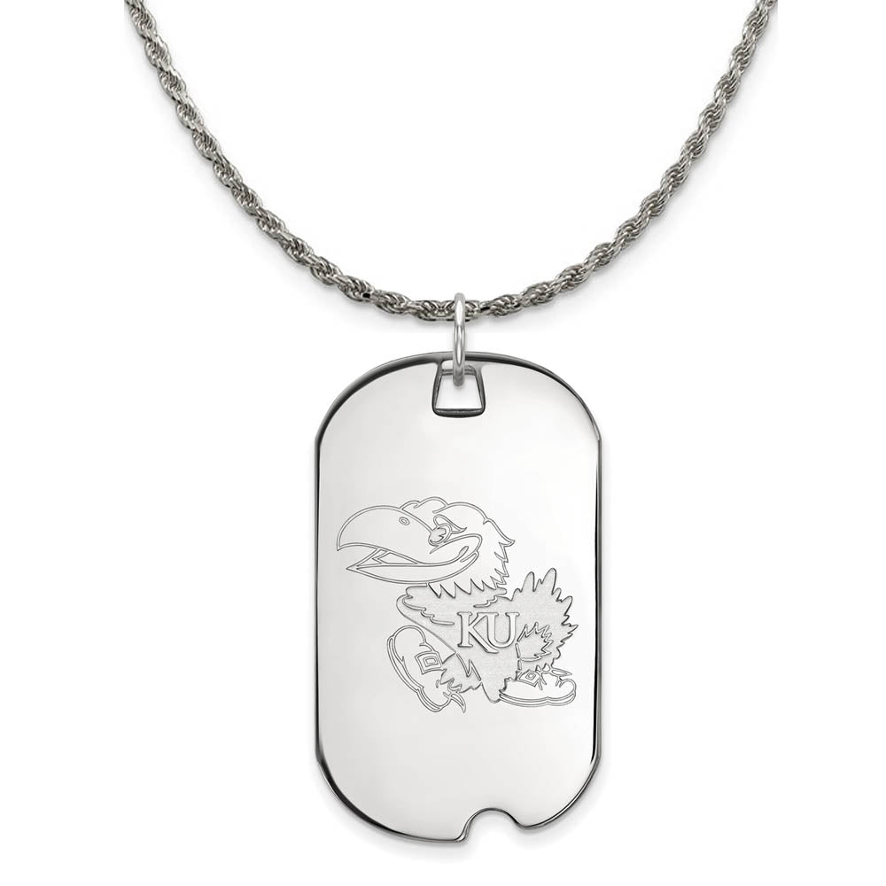 Sterling Silver U. of Kansas Large Dog Tag Pendant Necklace, Item N18768 by The Black Bow Jewelry Co.