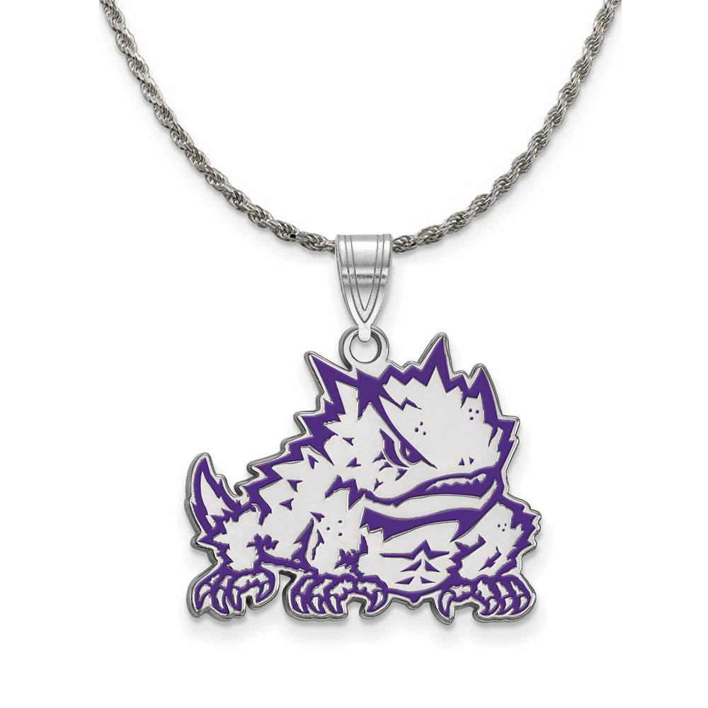 Sterling Silver Texas Christian U. Large Enamel Necklace, Item N18789 by The Black Bow Jewelry Co.