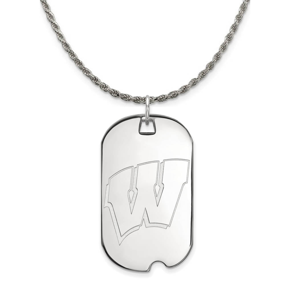 Sterling Silver U of Wisconsin Large Initial W Dog Tag Necklace, Item N18826 by The Black Bow Jewelry Co.
