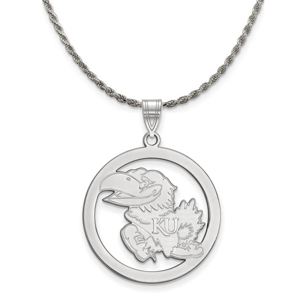 Sterling Silver U. of Kansas Large Circle Pendant Necklace, Item N18837 by The Black Bow Jewelry Co.