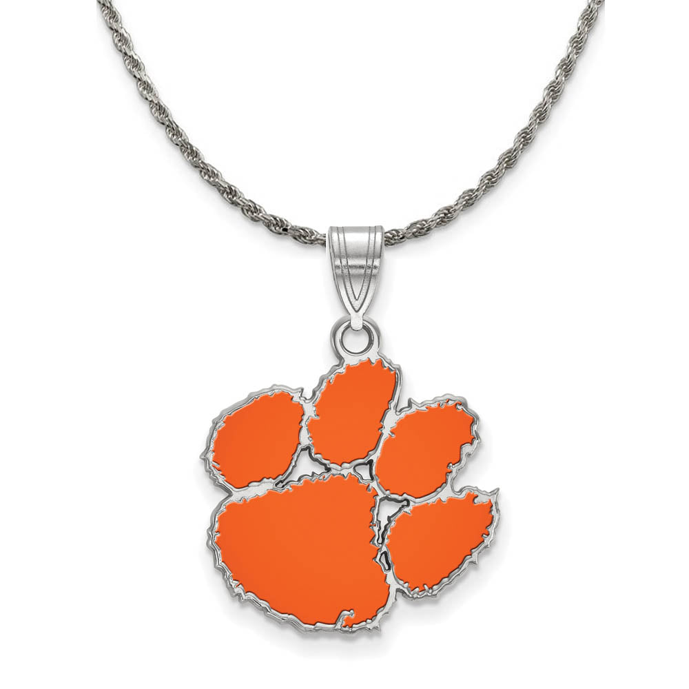 Sterling Silver Clemson U Large Enamel Pendant Necklace, Item N18844 by The Black Bow Jewelry Co.