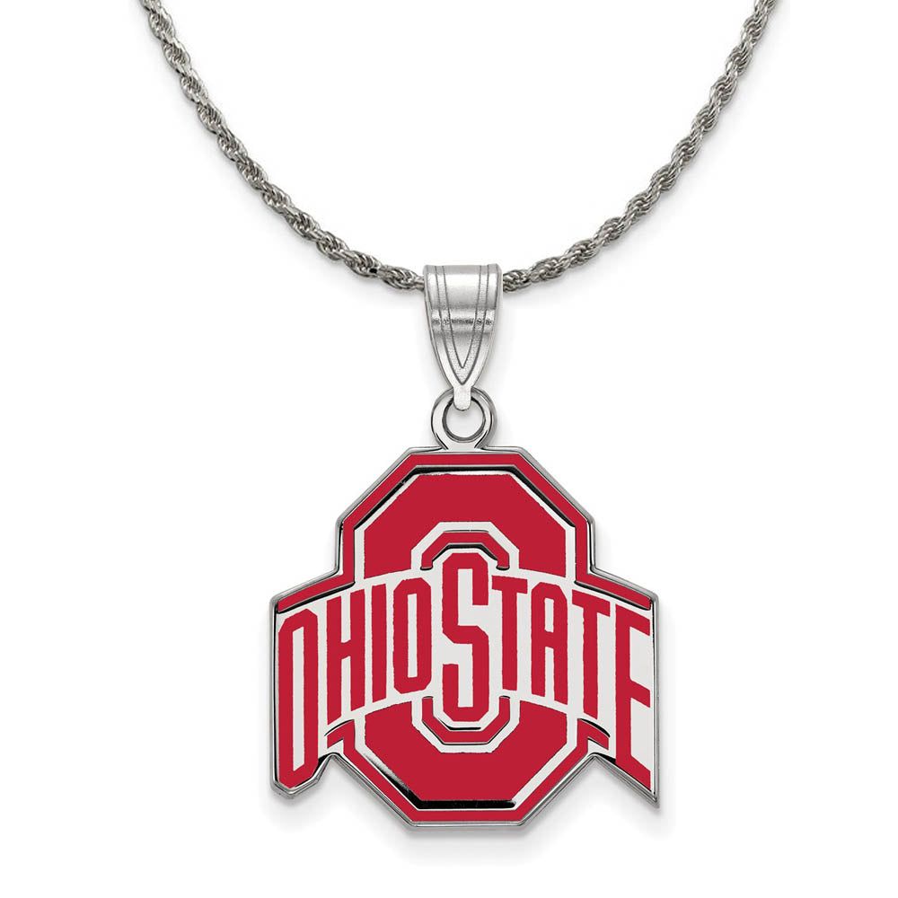 Sterling Silver Ohio State Lg Logo Enamel Necklace, Item N18854 by The Black Bow Jewelry Co.