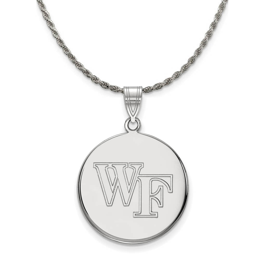 Sterling Silver Wake Forest U. Lg 'WF' Disc Pendant Necklace, Item N18871 by The Black Bow Jewelry Co.