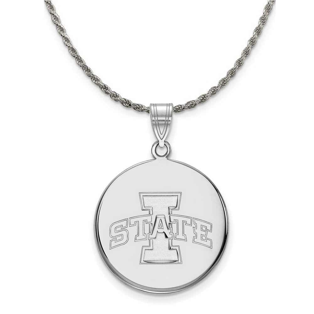 Sterling Silver Iowa State Large Disc Pendant Necklace, Item N18893 by The Black Bow Jewelry Co.