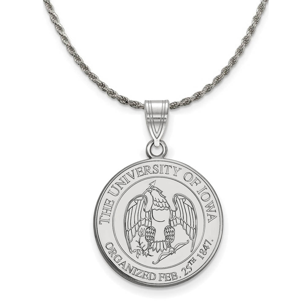 Sterling Silver U. of Iowa Large Crest Disc Pendant Necklace, Item N19026 by The Black Bow Jewelry Co.