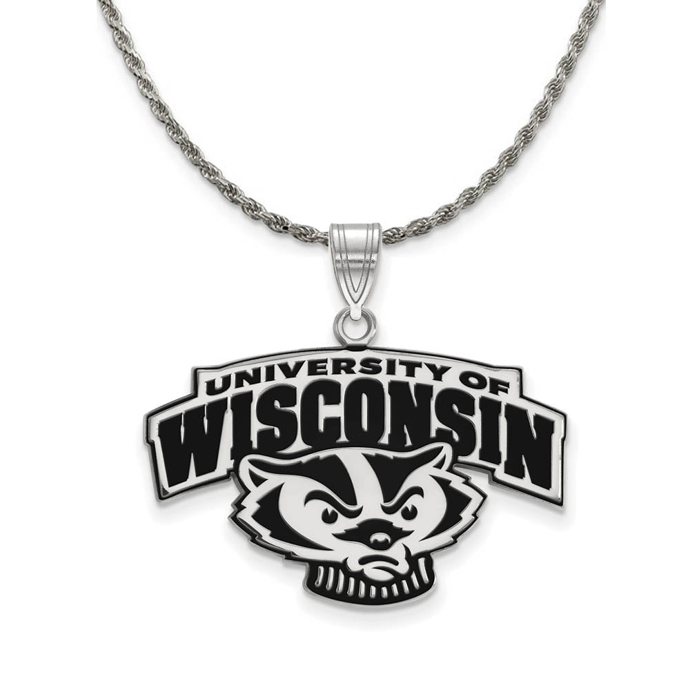 Sterling Silver U of Wisconsin Large Enamel Badger Logo Necklace, Item N19035 by The Black Bow Jewelry Co.